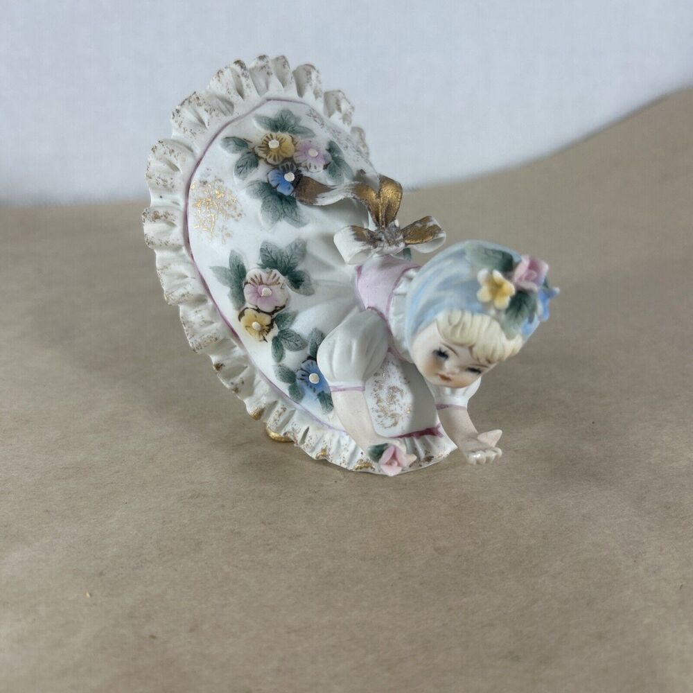 LEFTON Blue BLOOMER GIRL Bending Over Picking Flower Figurine Vintage Japan - Picture 7 of 14